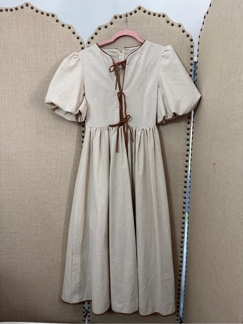Women's Cream Maxi Dress with Puff Sleeves and Brown Trim